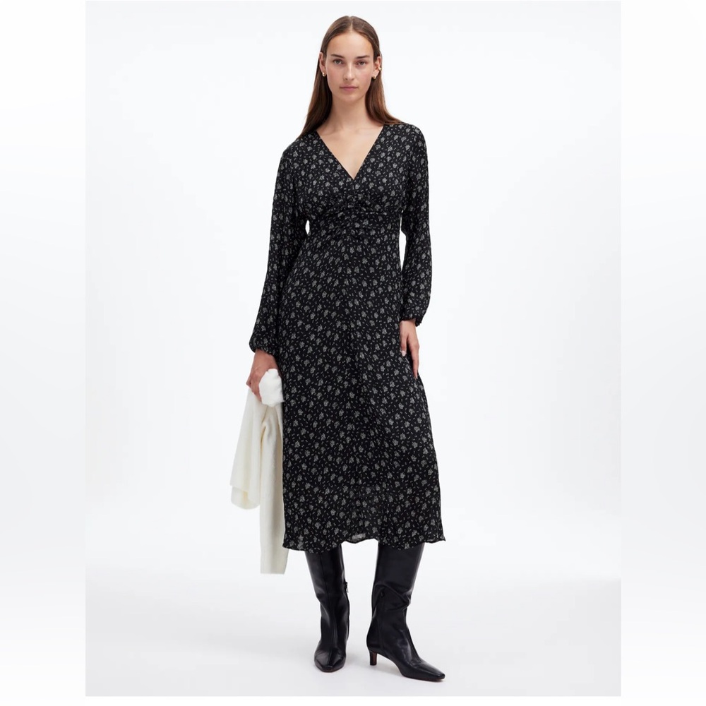 NWT Madewell Drapey Seersucker Midi Dress Elegant Black Floral Women's Size 4